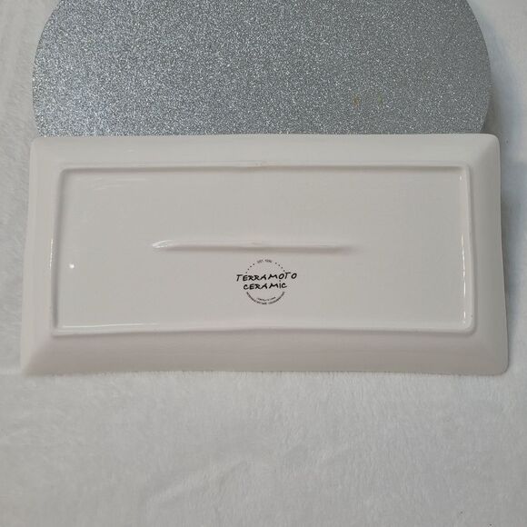 Terramoto Ceramic Halloween Spooky Serving Tray Platter White Black Gold Stripes - Picture 3 of 12